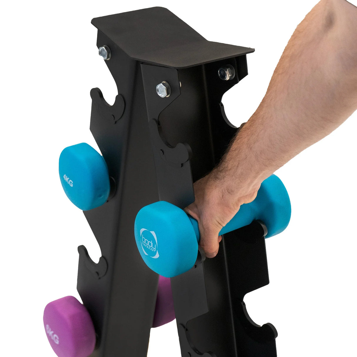 Neoprene dumbbells in vibrant colors, resting on a sturdy black rack, with a hand gripping a blue 4kg weight for easy access