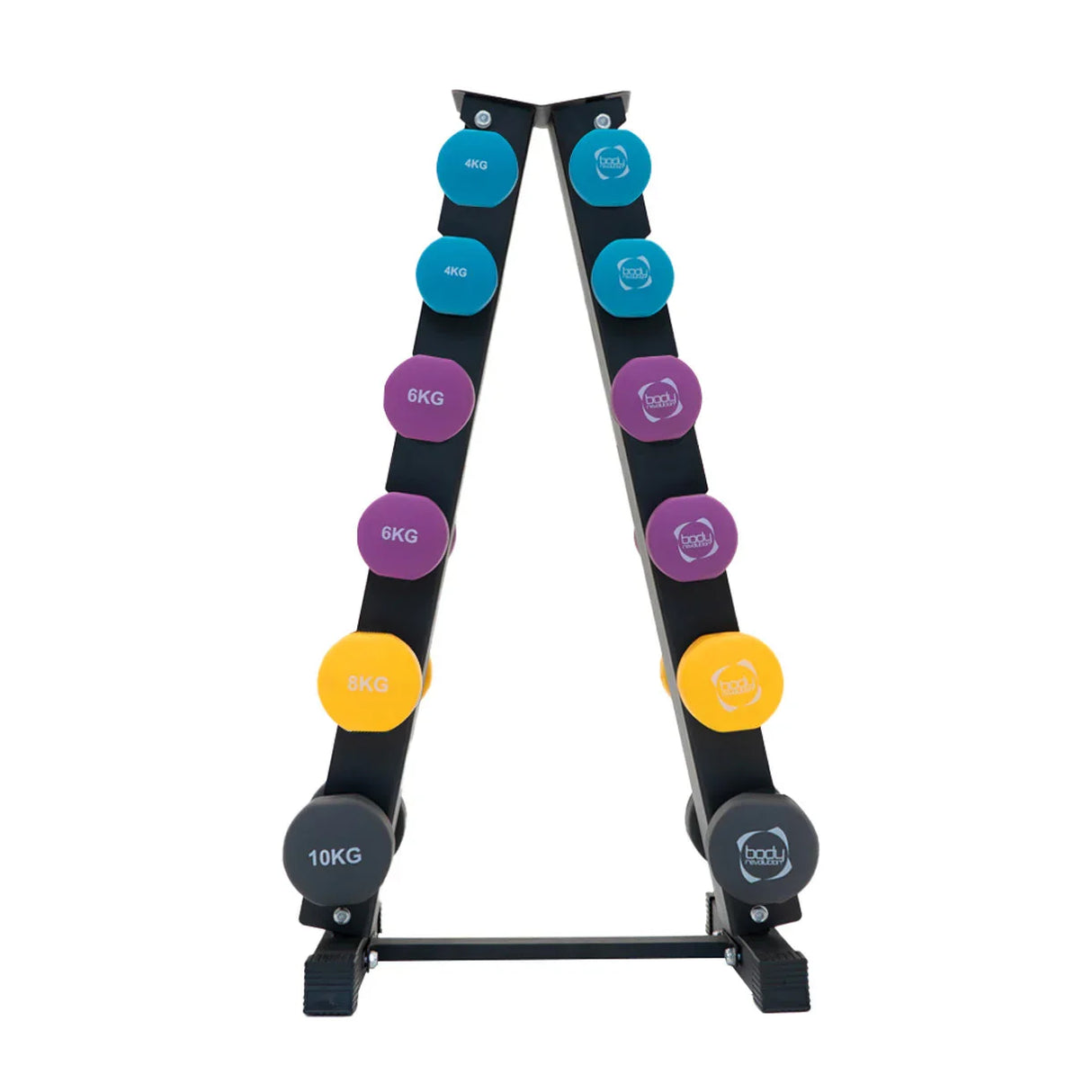 Neoprene dumbbells set in vibrant colors on a sturdy rack, featuring weights from 4kg to 10kg for versatile workouts