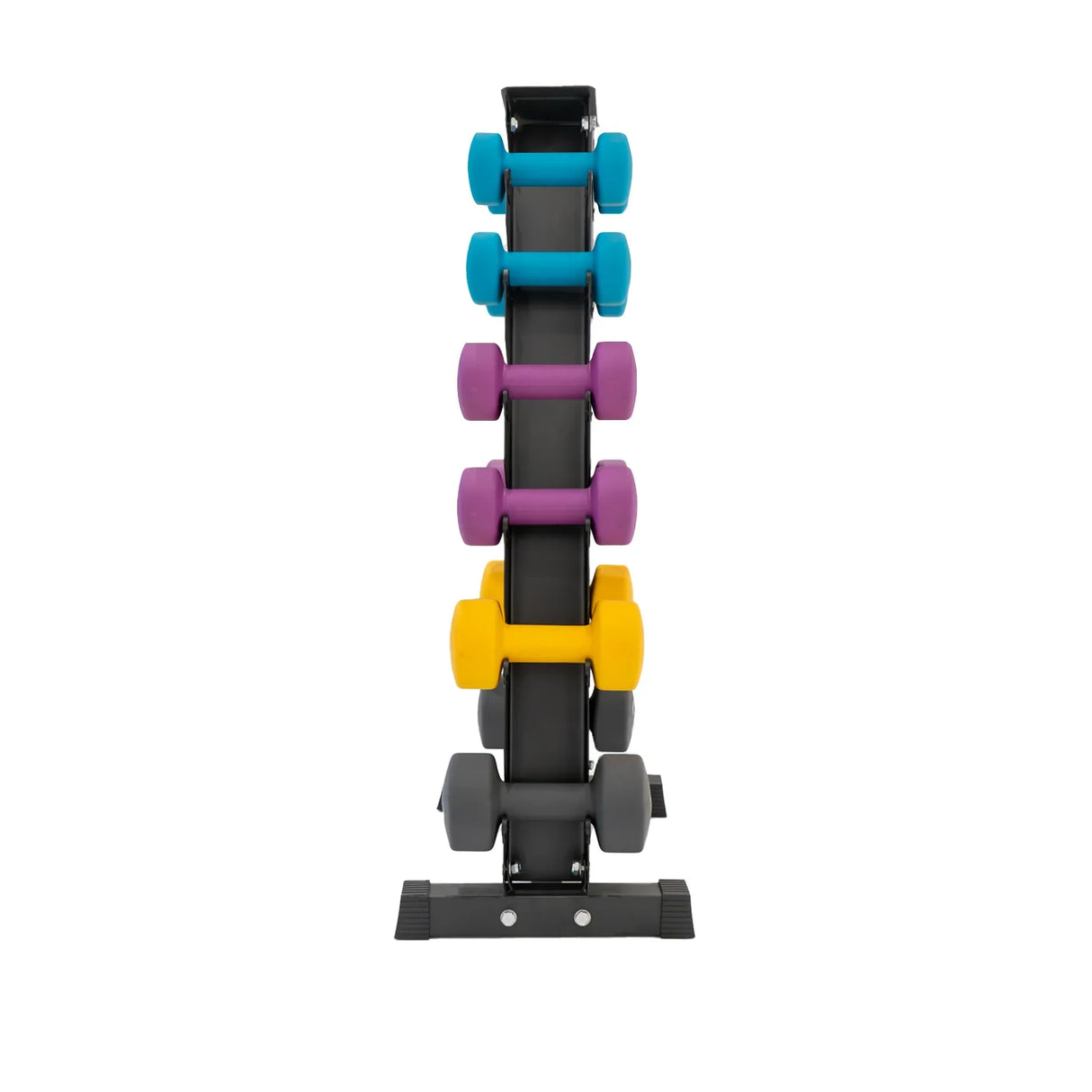 Neoprene dumbbells set in vibrant colors, including blue, purple, yellow, and gray, neatly arranged on a sturdy black rack