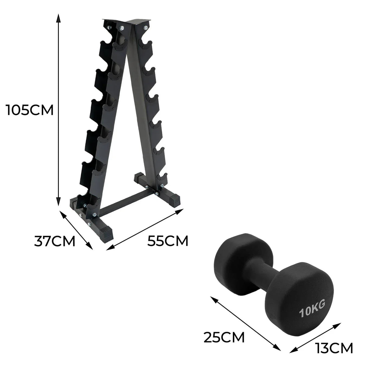 Neoprene dumbbells set with a sturdy black rack, featuring weights labeled 10KG, designed for effective home workouts and fitness routines