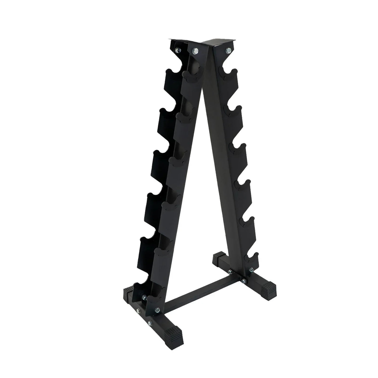 Neoprene dumbbell rack with a sturdy black metal frame, featuring multiple slots for organized storage of weights