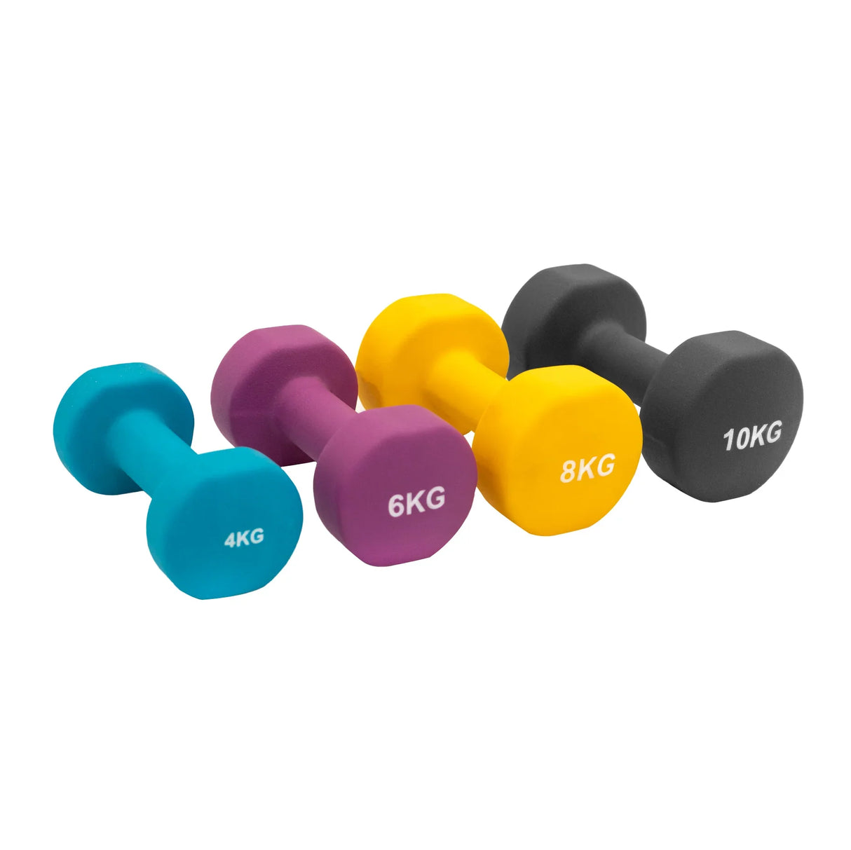 Colorful neoprene dumbbells set in various weights (4kg, 6kg, 8kg, 10kg) with a textured grip, arranged neatly on a rack