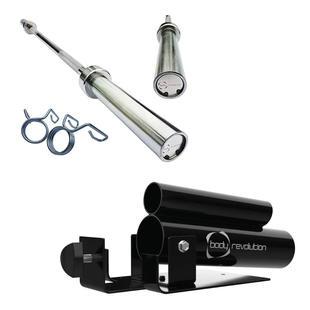 Body Revolution 4ft barbell bar and T-bar row bundle featuring a sleek silver finish, sturdy construction, and essential attachments for versatile workouts