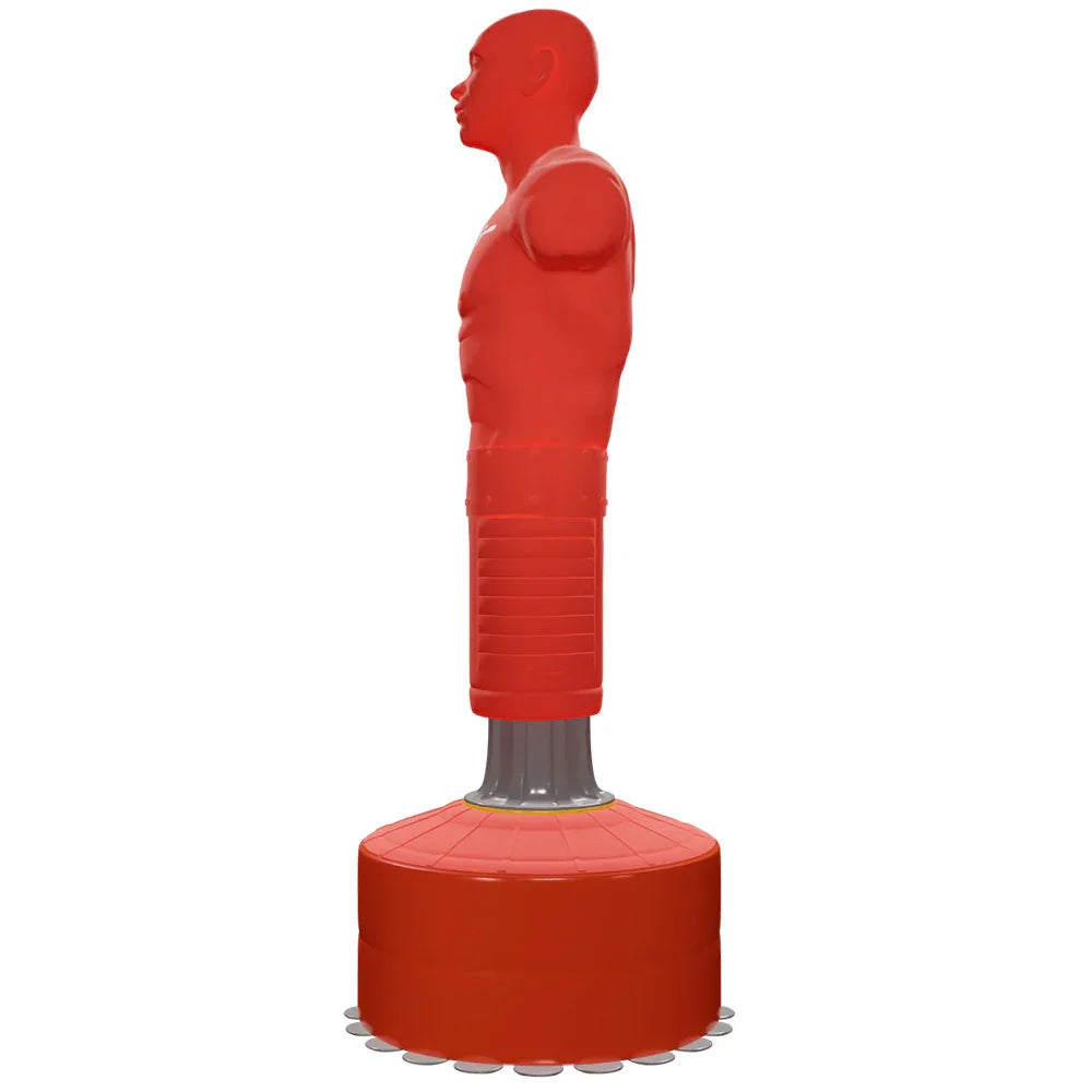 Extra large free-standing boxing dummy in bright red, featuring a muscular torso and a sturdy base for stability during training