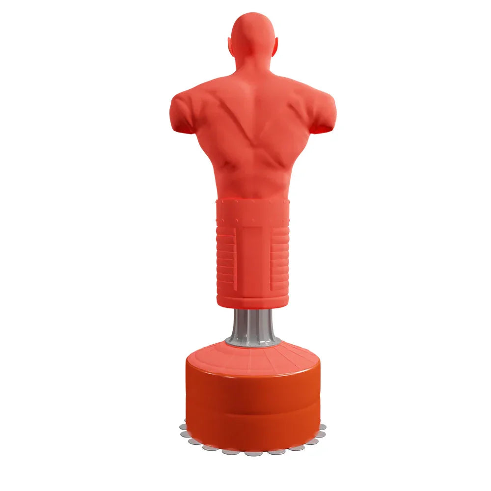 Extra large free-standing boxing dummy in bright red, featuring a muscular torso and sturdy base for effective training sessions