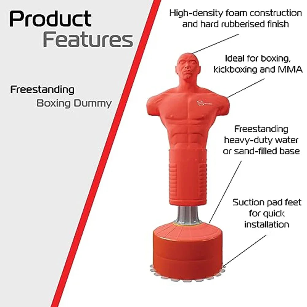 Extra large freestanding boxing dummy in red with high-density foam, rubberized finish, and a heavy-duty base for stability