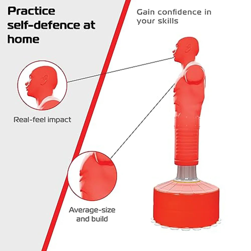 Extra large free-standing boxing dummy in bright red, featuring a realistic head and torso for effective self-defense practice at home