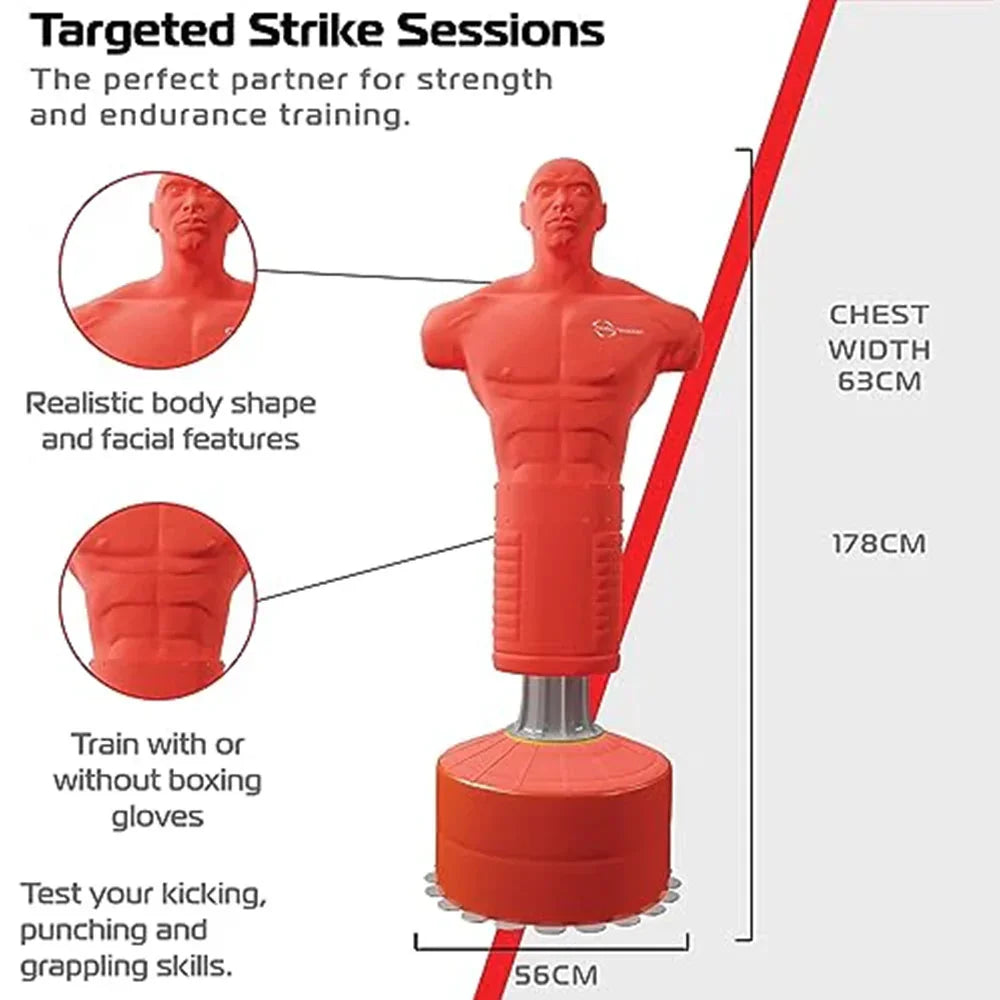 Extra large free-standing boxing dummy in red, featuring a realistic muscular torso, 178 cm tall, ideal for strength and endurance training