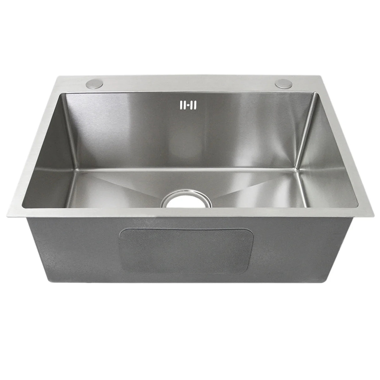 Single stainless steel sink with a brushed finish, deep basin, and pre-drilled holes for faucet installation, ideal for kitchens
