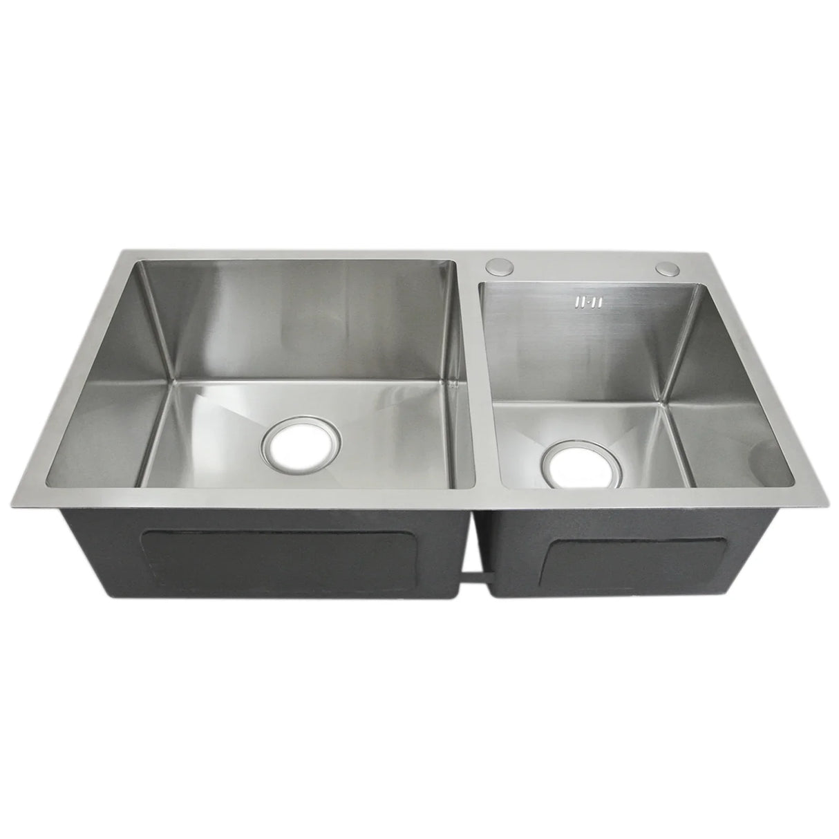 Double stainless steel sink with a sleek, brushed finish, featuring two spacious basins and circular drain holes for easy installation