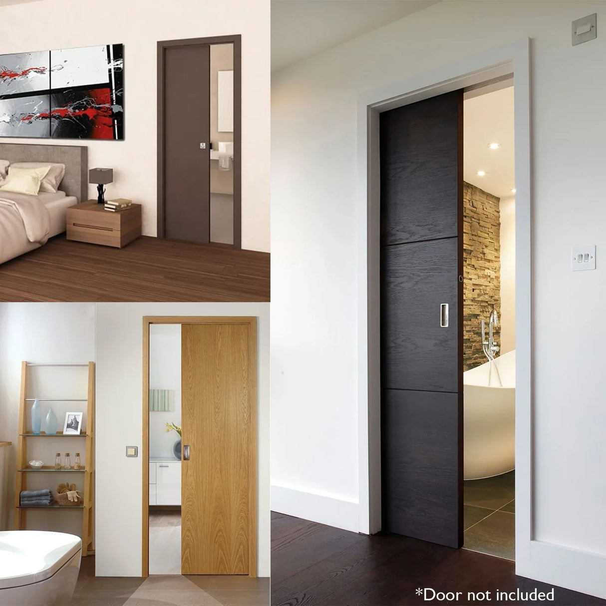 Hideaway Single Pocket Door Kit showcasing three stylish door designs in modern interiors, featuring sleek finishes and various wood tones