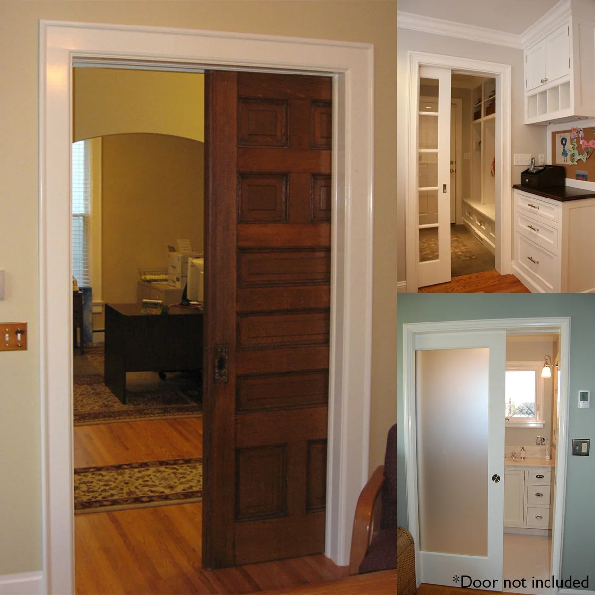 Hideaway Single Pocket Door Kit showcasing a wooden pocket door in a stylish interior, highlighting smooth finishes and versatile design
