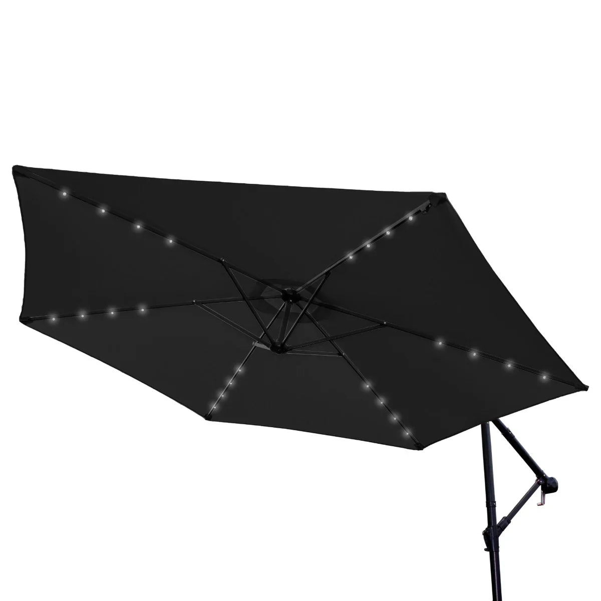 Grey 3m LED cantilever parasol featuring a sleek design, illuminated with soft lights, perfect for outdoor relaxation and shade