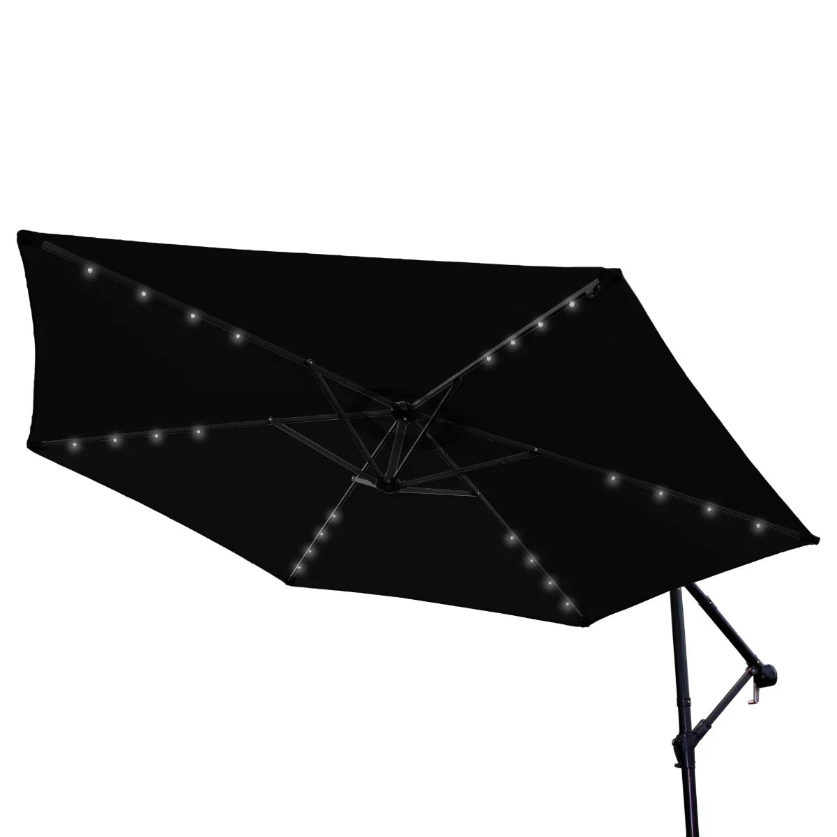 Black 3m LED cantilever parasol featuring a sleek design, illuminated edges, and a sturdy fan base for outdoor shade and style