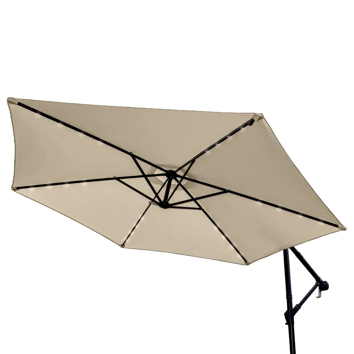 Beige 3m LED cantilever parasol with a sturdy black frame, featuring integrated lights and a spacious, stylish canopy for outdoor shade