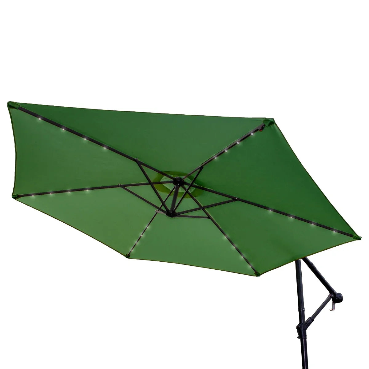 Green 3m LED cantilever parasol featuring a spacious canopy, sturdy frame, and integrated lights for outdoor ambiance