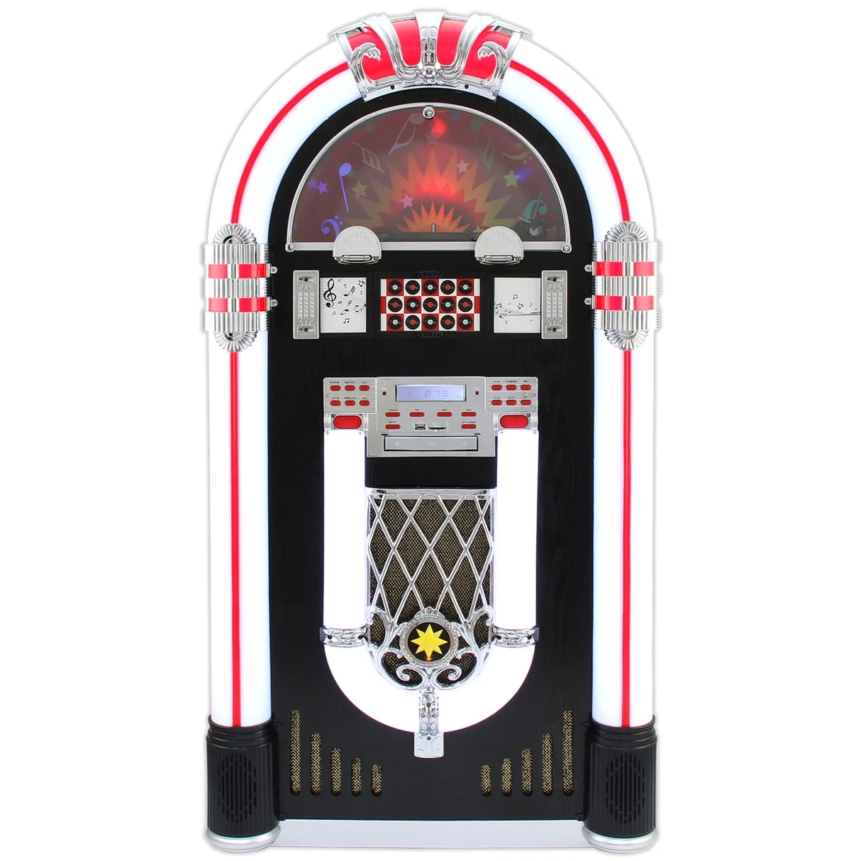 Retro vinyl jukebox with vibrant red and white accents, chrome details, and a classic design, featuring a CD case compartment