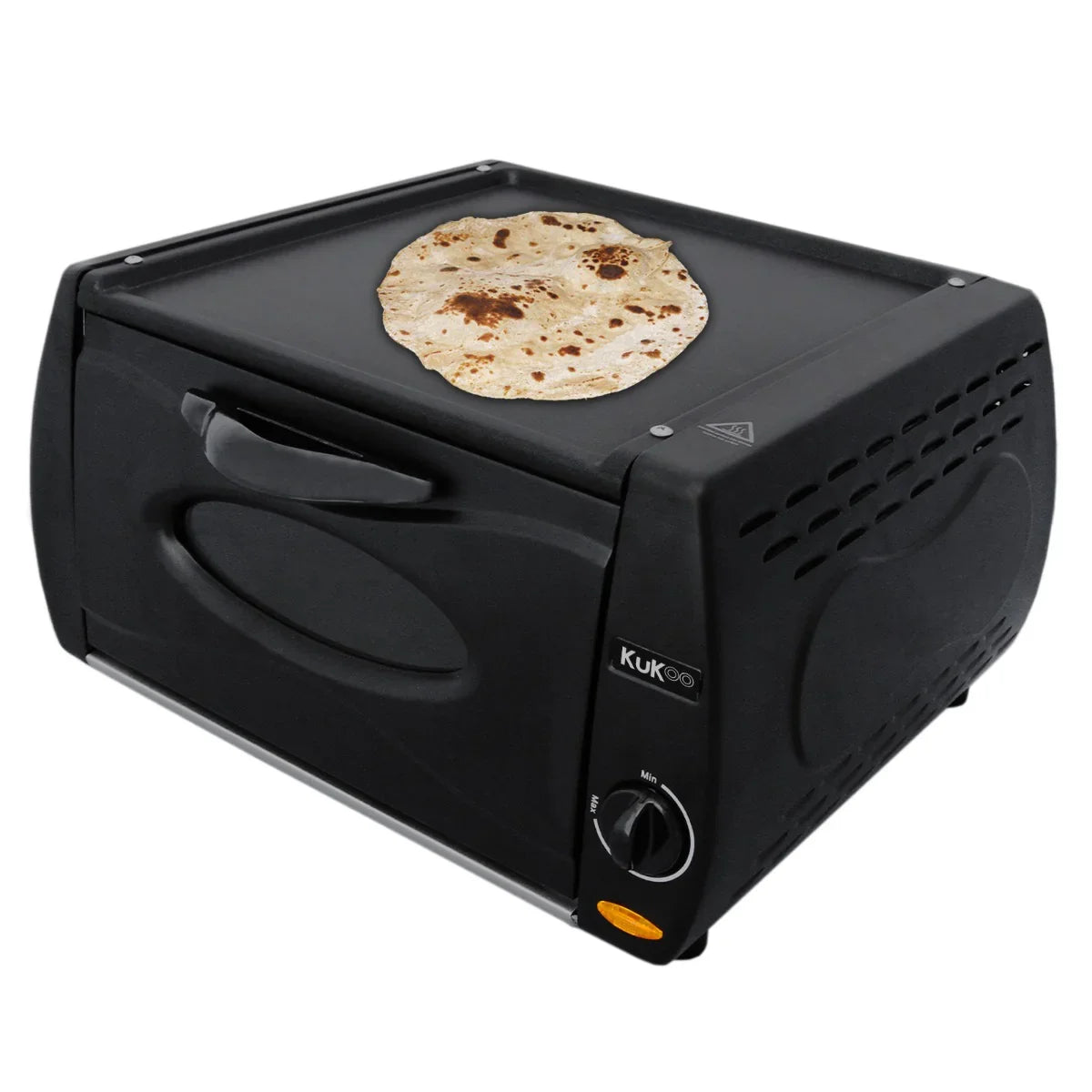 Compact black mini tandoor oven with a flat cooking surface, featuring a freshly cooked naan bread on top