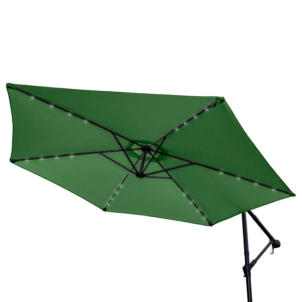 Green 3m LED cantilever parasol featuring a spacious canopy, illuminated with warm lights, supported by a sturdy black frame