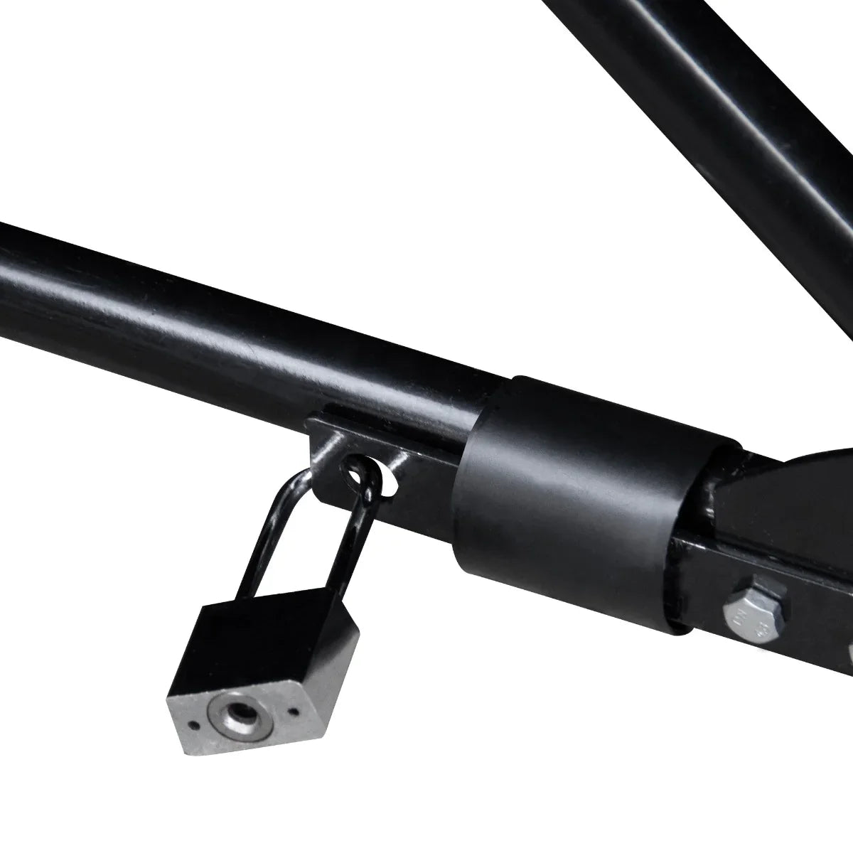 Close-up of the secure locking mechanism on a large motorbike tent, featuring a sturdy black metal frame and durable components