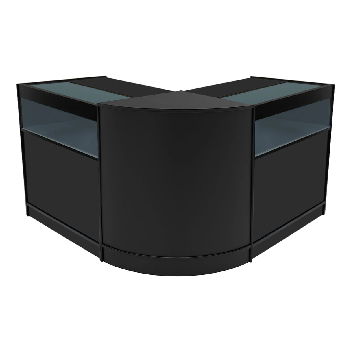 Black Iris LED shop counter set with two B900 display units, featuring sleek glass tops and modern curved design for retail spaces