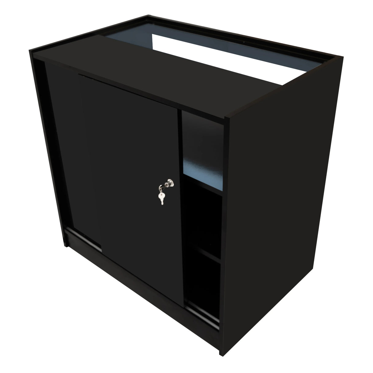 Sleek black Iris LED shop counter set with a glass top, sliding door, and open shelving for display and storage