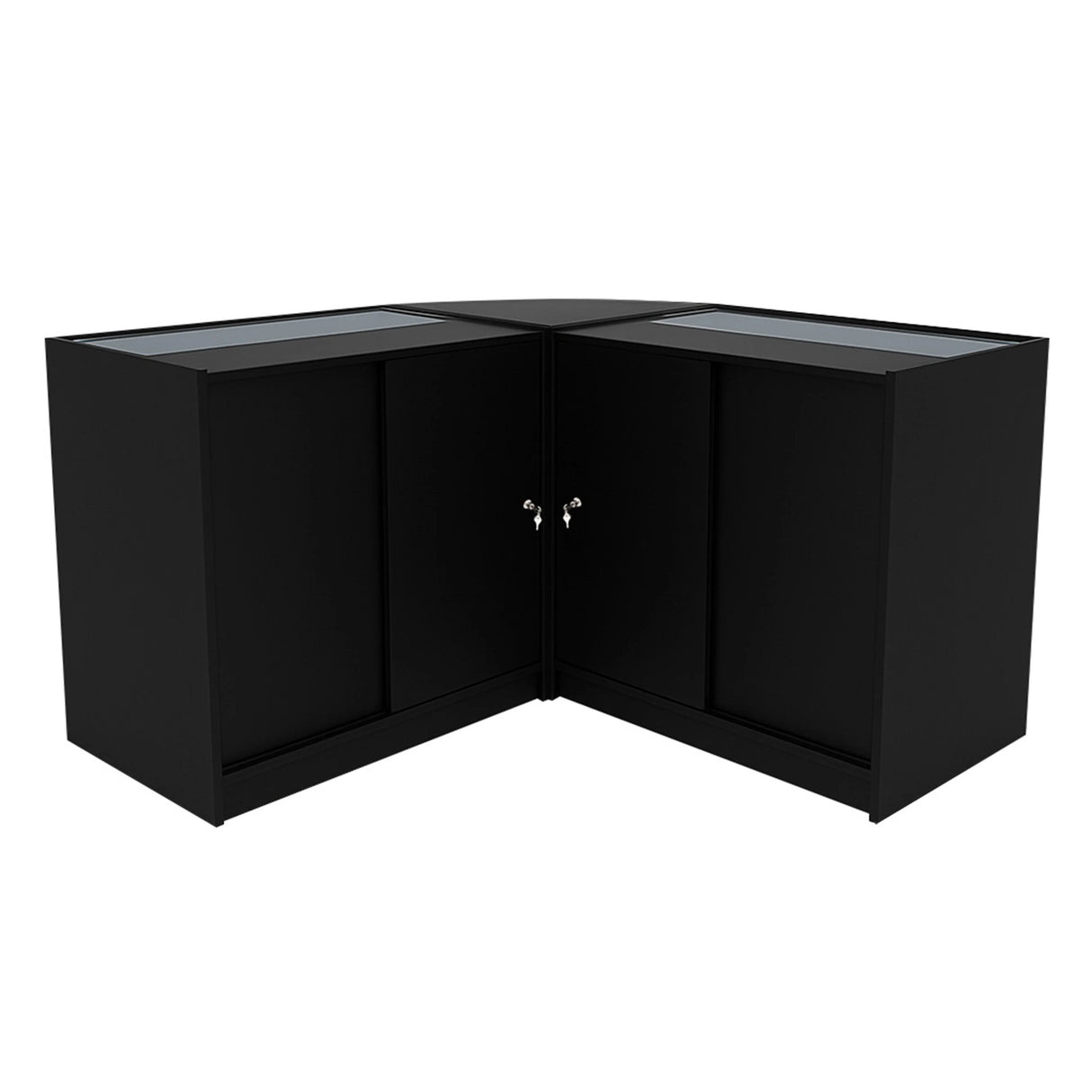 Black Iris LED Shop Counter Set CM60 with two B900 display cabinets featuring glass tops and sleek, modern design