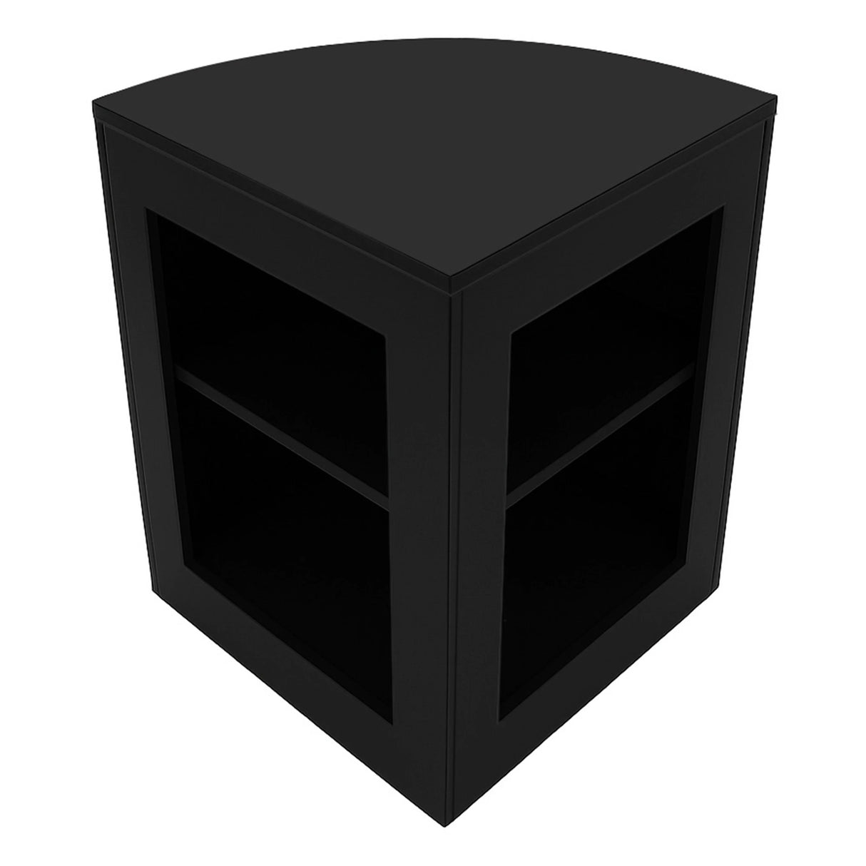 Black Iris LED shop counter set with a sleek corner design, featuring two open shelves for storage and display purposes