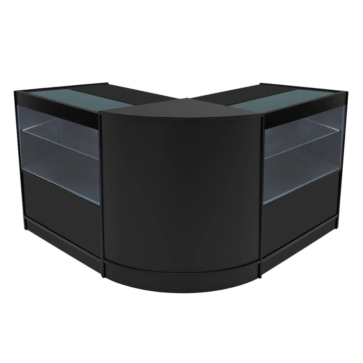Black Selene LED shop counter set featuring a sleek, modern design with glass display sections and a curved shape for stylish retail presentation