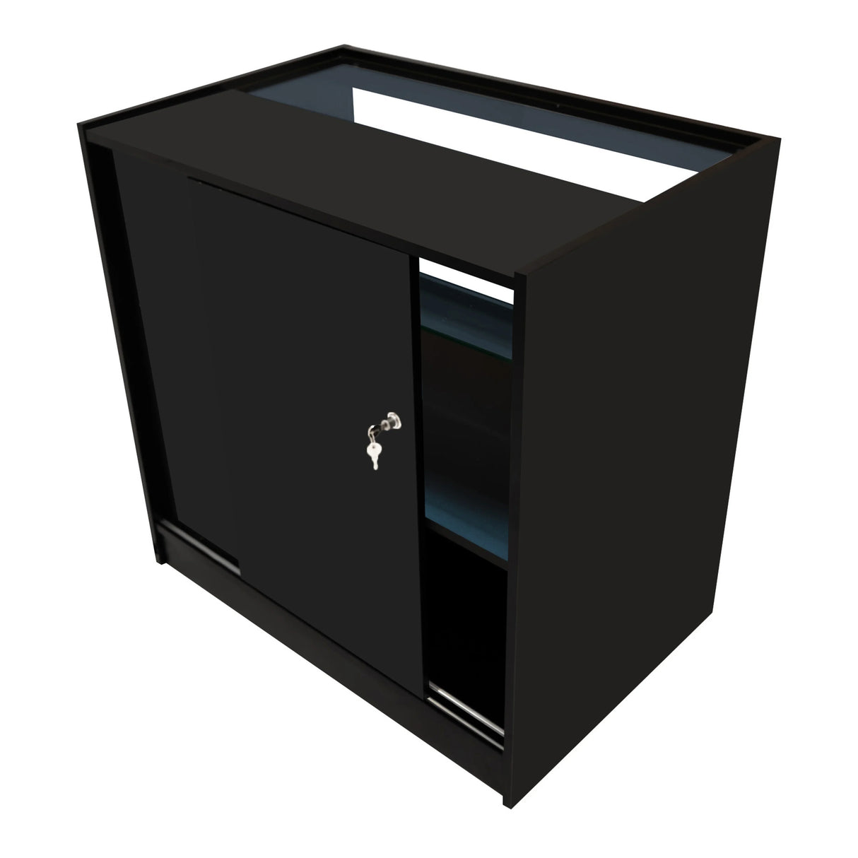Sleek black Selene LED shop counter set with a glass top, lockable door, and open shelving for display and storage