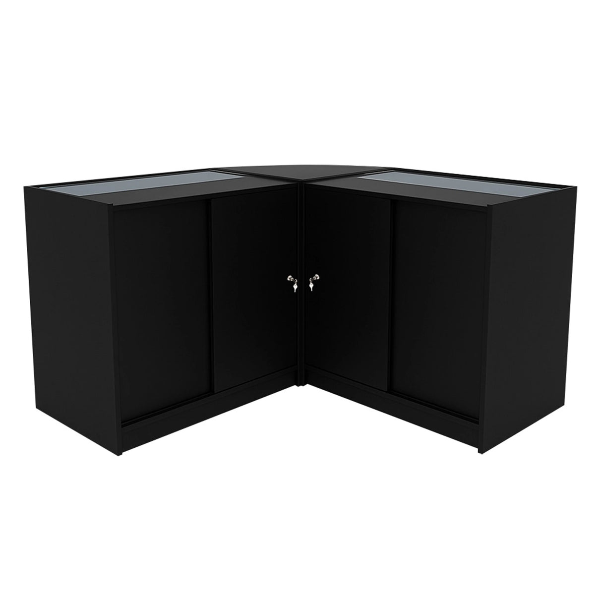 Black Selene LED shop counter set with two C900 display cabinets, featuring sleek design, glass tops, and spacious storage compartments