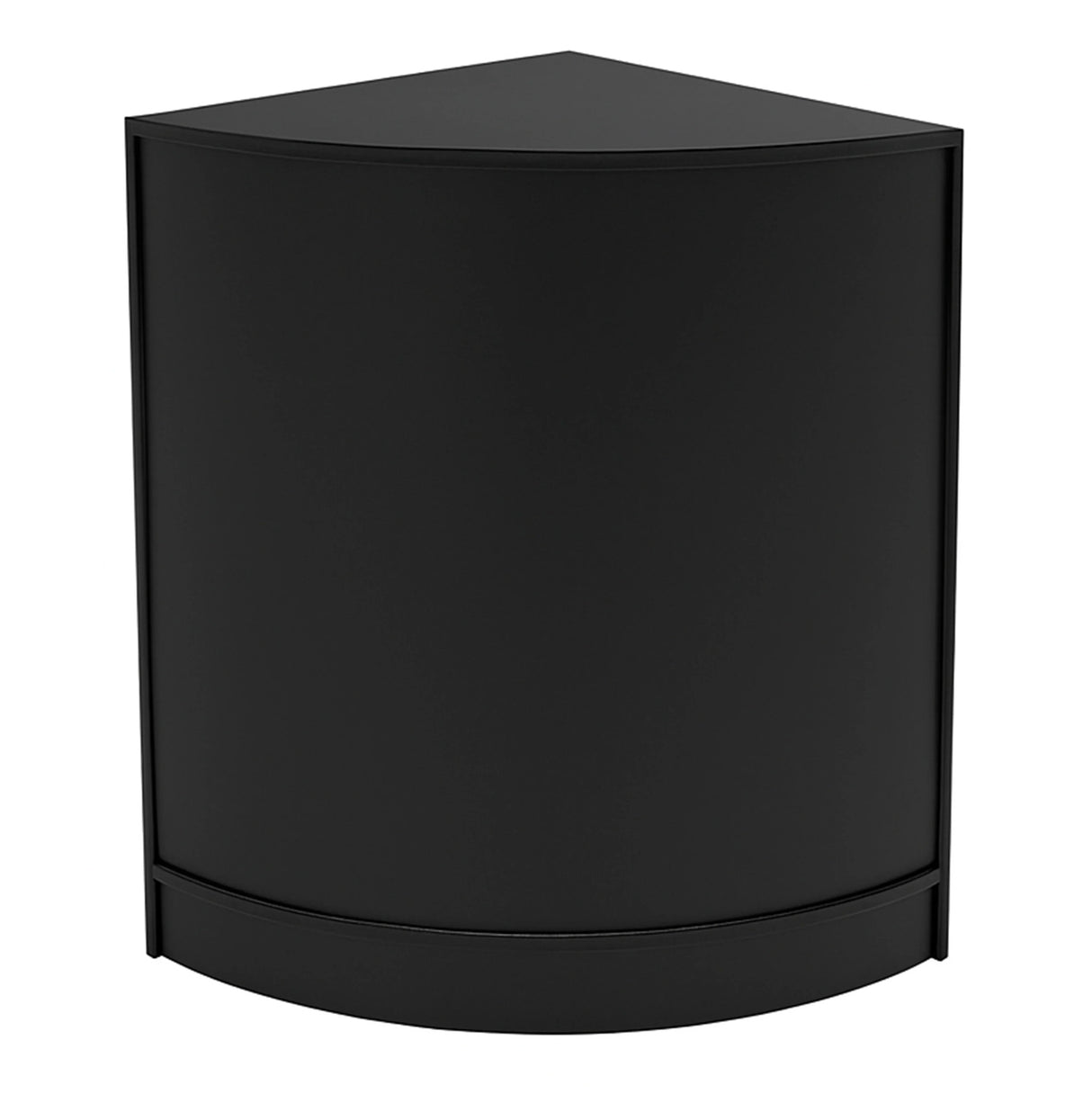 Sleek black corner LED shop counter with a smooth finish, designed for modern retail spaces, featuring a rounded front edge