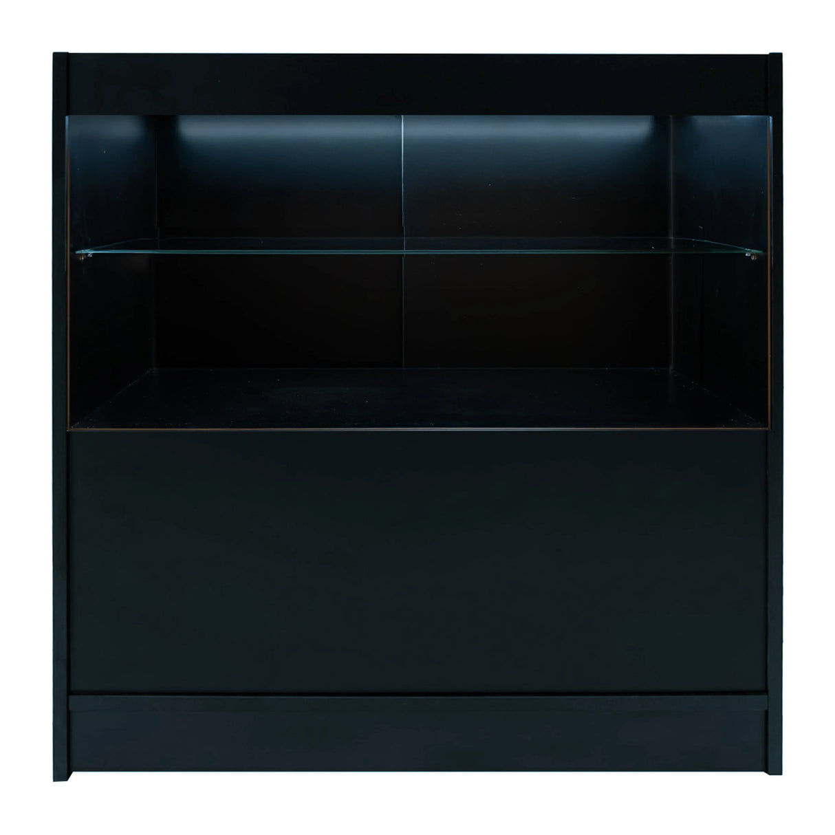 Sleek black Selene LED shop counter set with illuminated top shelf and glass display, perfect for retail environments