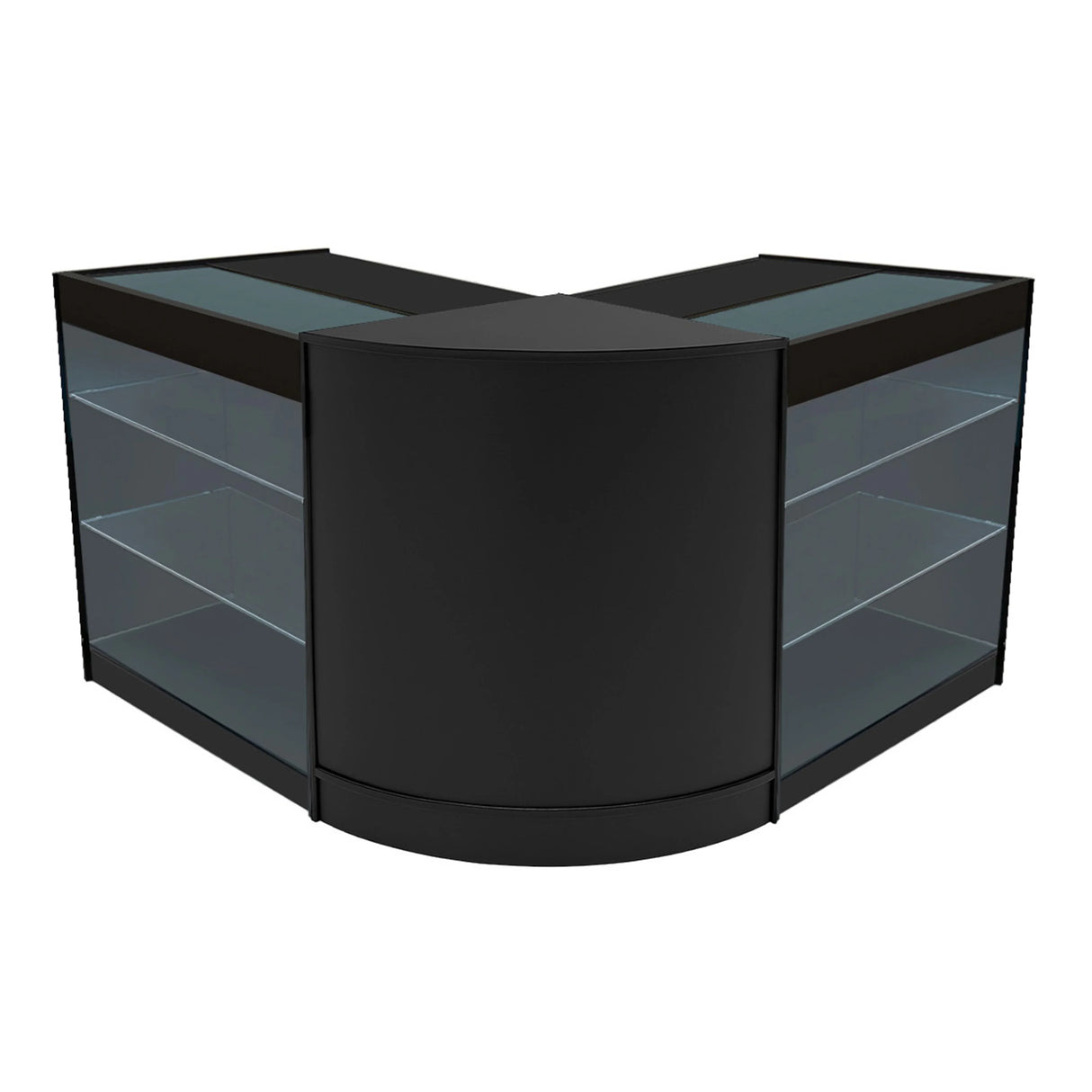 Black Helios LED shop counter set with sleek curved design, glass shelves, and modern finish, ideal for retail displays