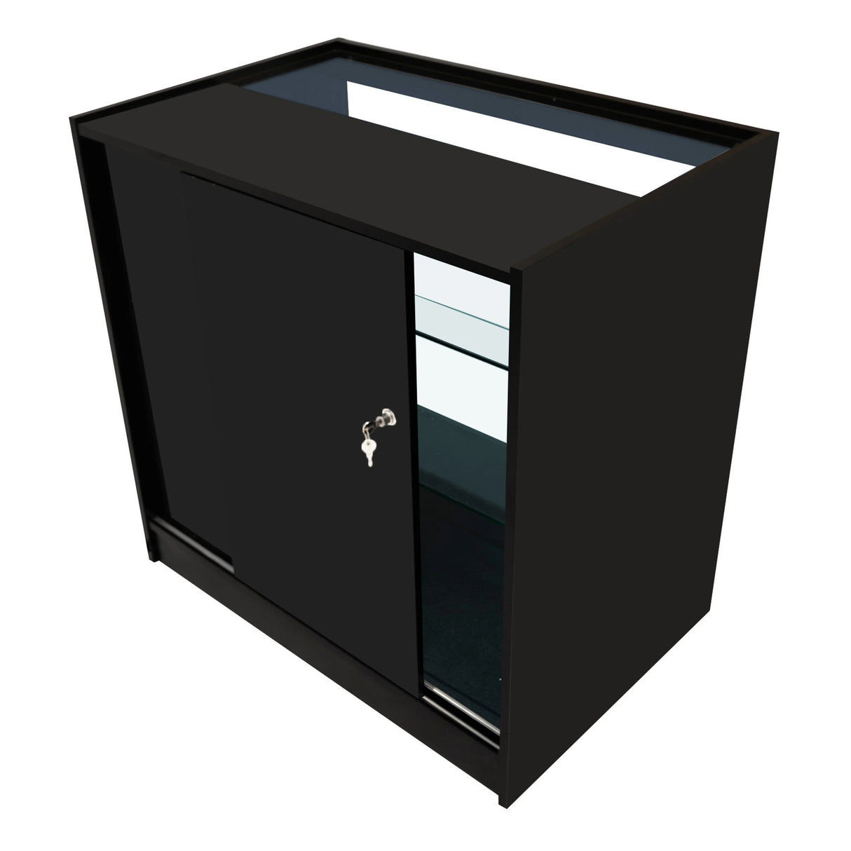 Helios LED black shop counter set CM60 with two K900 display shelves, featuring sleek design, glass top, and secure sliding doors