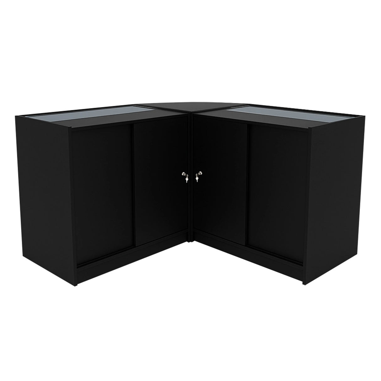 Black Helios LED shop counter set featuring a sleek, modern design with glass display tops and two matching K900 cabinets