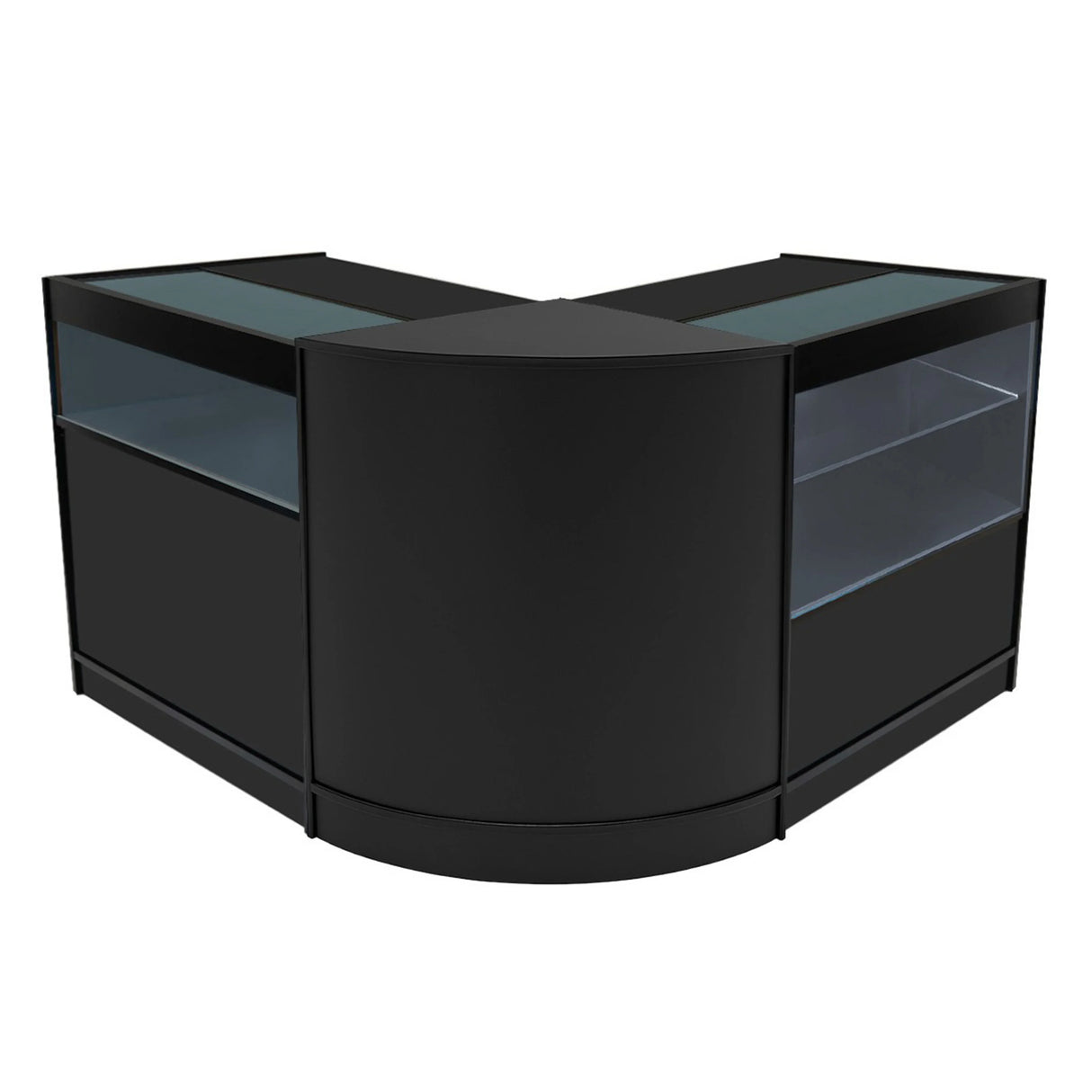 Black Adonis LED Shop Counter Set featuring a sleek, modern design with glass display sections and smooth, curved edges