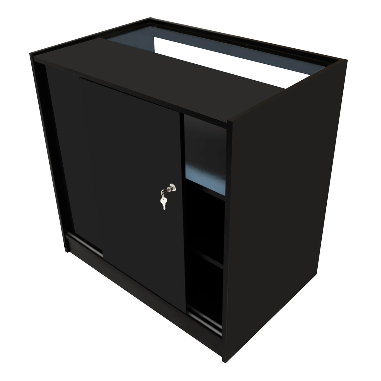 Sleek black Adonis LED shop counter set featuring a secure sliding door, open shelving, and a modern design for retail spaces