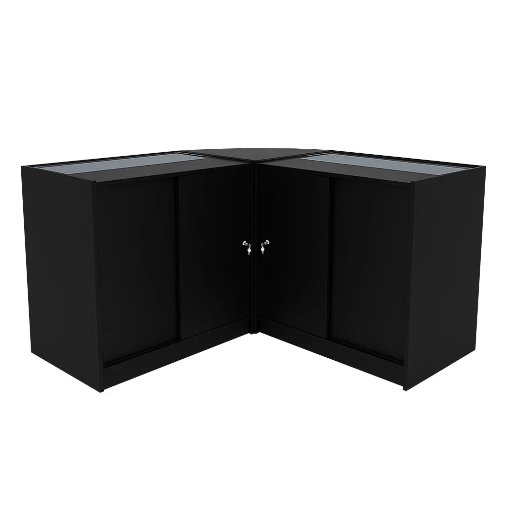 Black Adonis LED shop counter set featuring sleek, modern design with glass display tops and secure storage cabinets, ideal for retail use