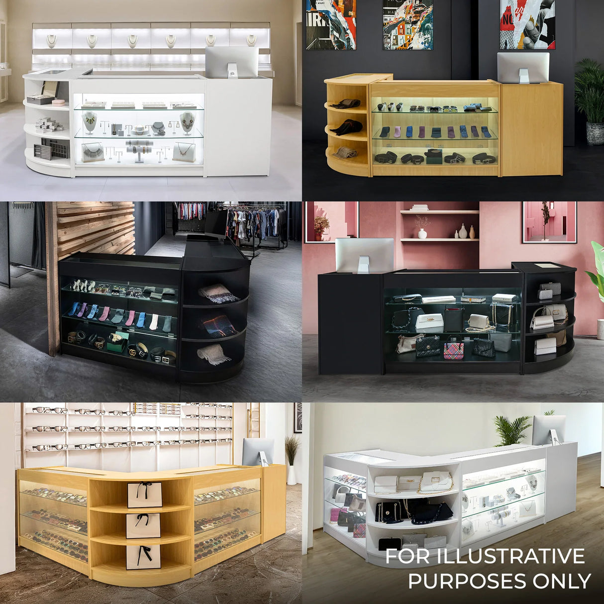 Adonis LED Shop Counter Set in black, featuring sleek glass displays, modern design, and versatile shapes for retail environments
