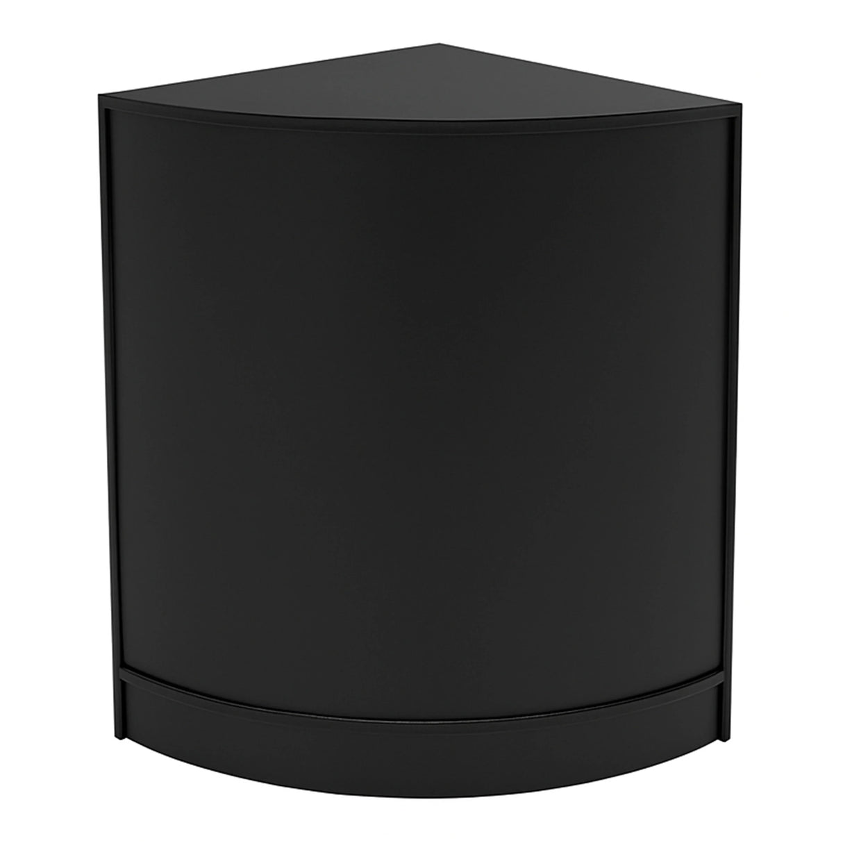 Sleek black corner display counter with a smooth finish, designed for showcasing products in retail environments
