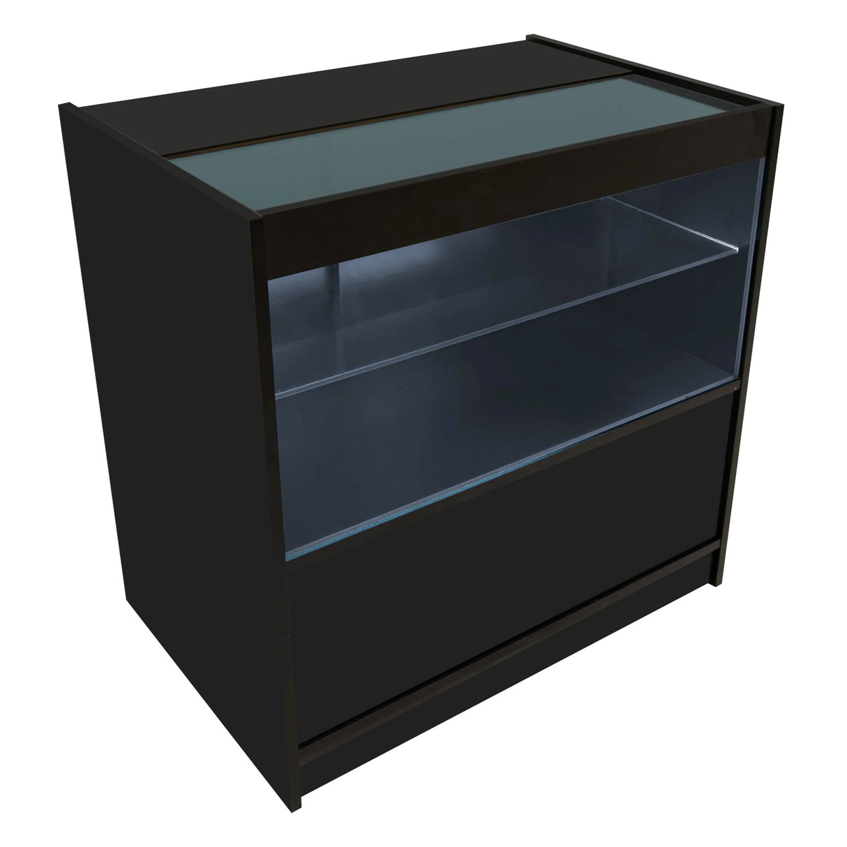 Black Adonis LED shop counter set featuring a sleek design, glass top, illuminated shelves, and modern aesthetic for retail display