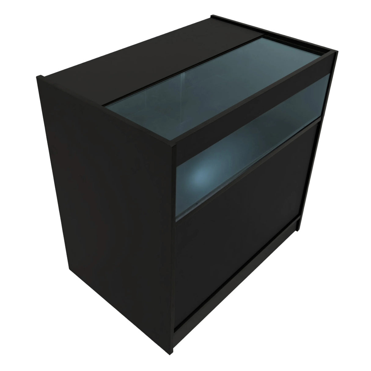 Triton LED shop counter set in sleek black, featuring a glass top and illuminated display area, ideal for retail environments