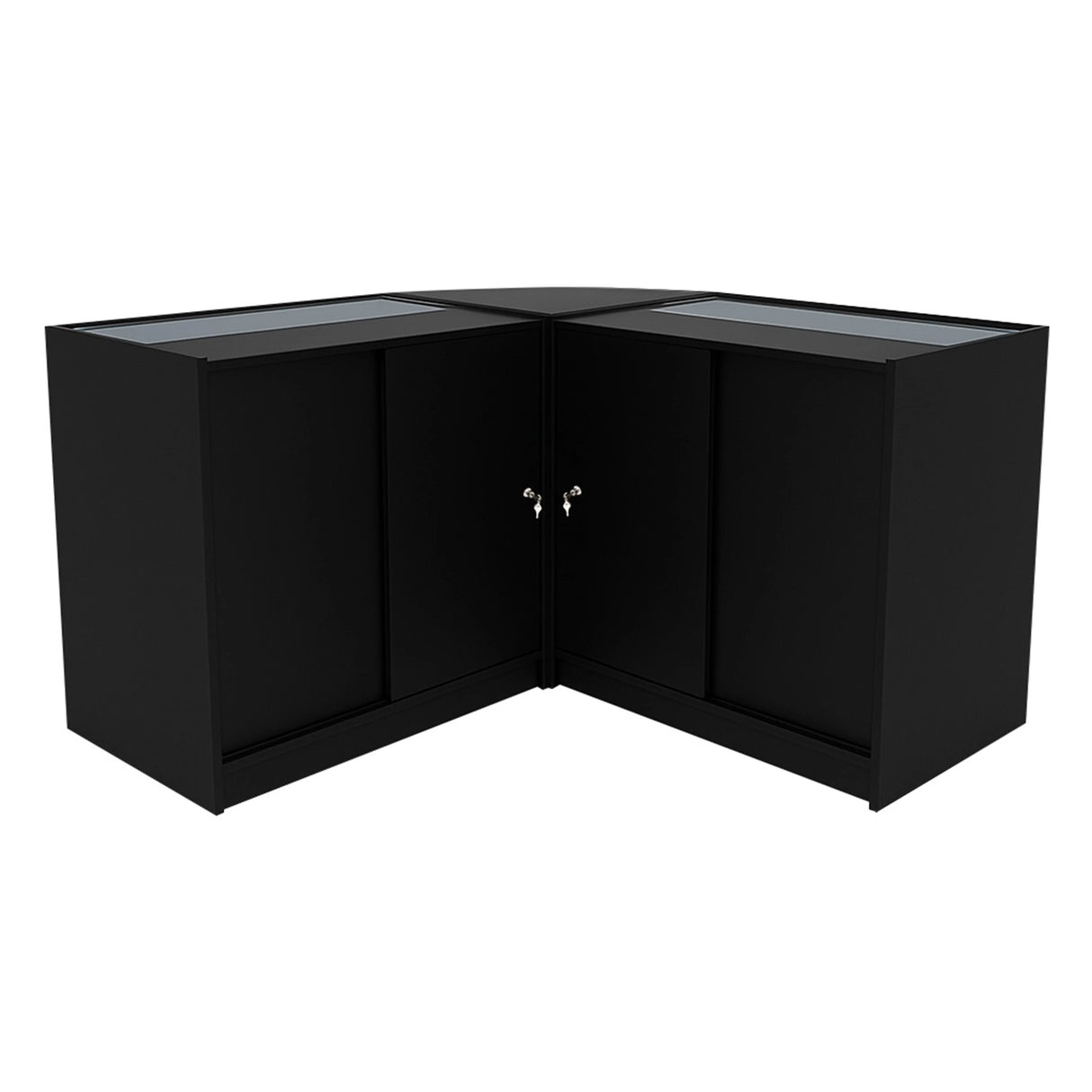 Black Hera LED shop counter set featuring sleek glass tops, modern design, and spacious storage compartments for retail displays