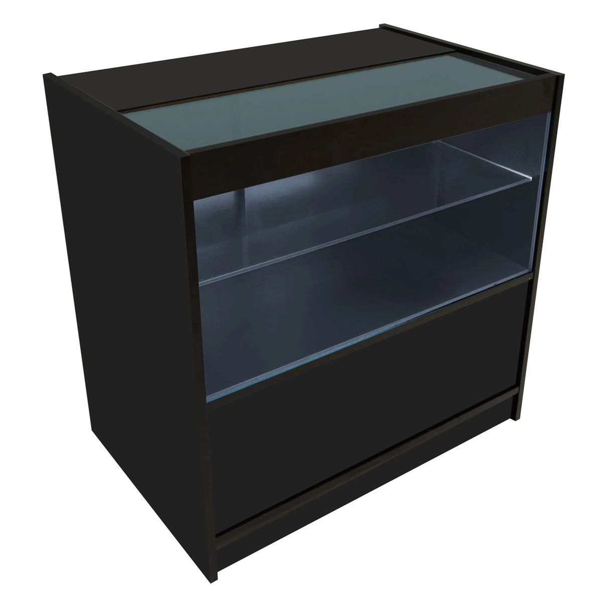 Hera LED Shop Counter Set in black features a sleek design with a glass top, illuminated shelves, and a modern finish for retail displays