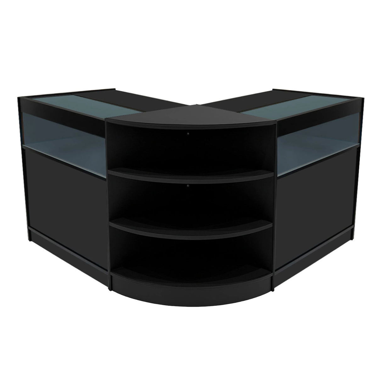 Theseus LED shop counter set in sleek black, featuring curved design, glass display tops, and multiple shelves for storage