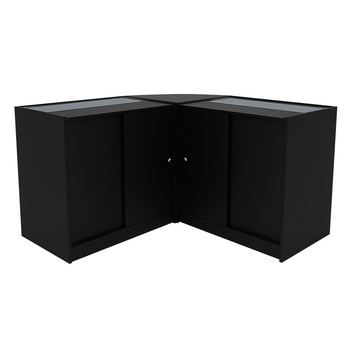 Theseus LED shop counter set in sleek black, featuring two glass display tops and a modern corner design for retail spaces