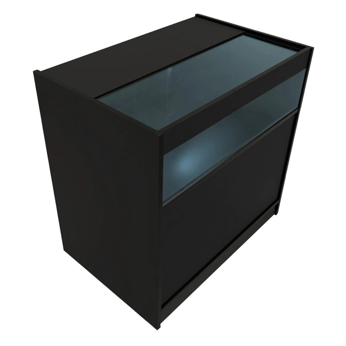 Theseus LED shop counter set in sleek black with a glass top and illuminated display, ideal for showcasing products in retail settings