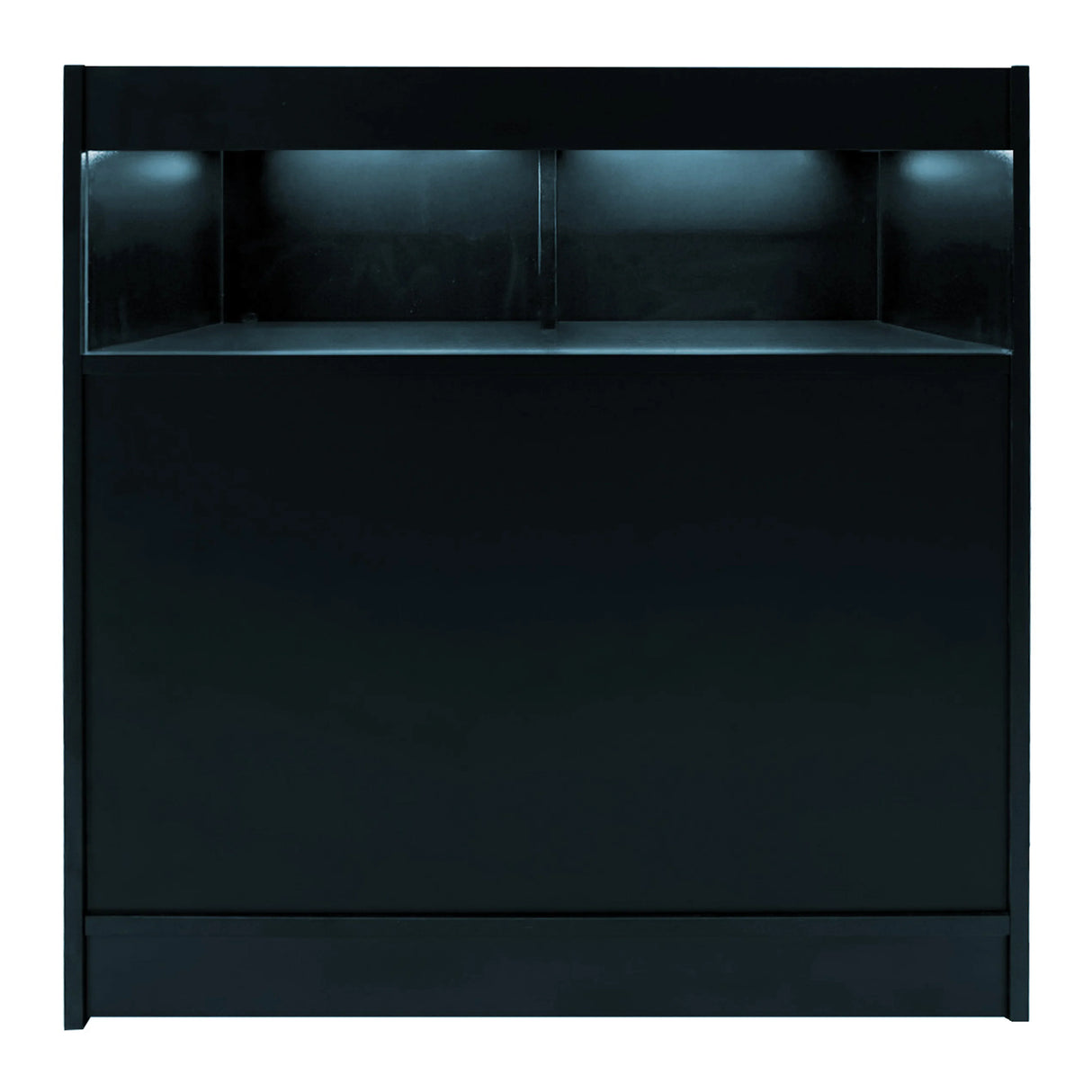 Theseus LED shop counter set in sleek black, featuring illuminated shelves and a smooth, modern design for retail displays