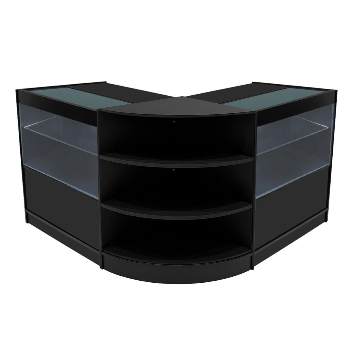 Black Andromeda LED shop counter set with curved design, glass display shelves, and modern finish, ideal for retail spaces